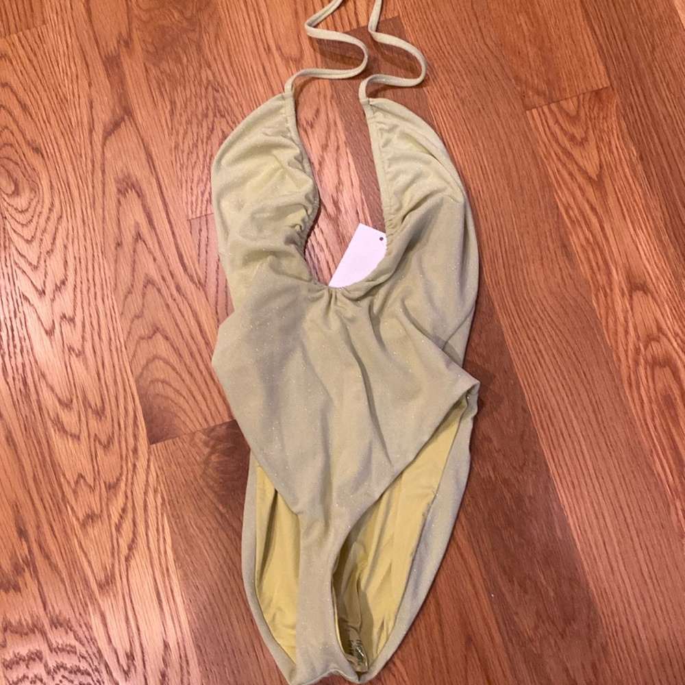 Dipping Daisy’s Shimmery Yellow/green Low cut Bathing suit -lined sizeS (a1)